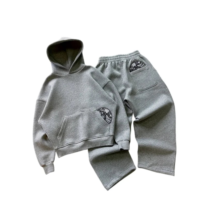 Spring New Street Trendy 3D Embroidered Pattern Hoodie Pants Set Y2K Solid Color Versatile Two Piece Set for Couples