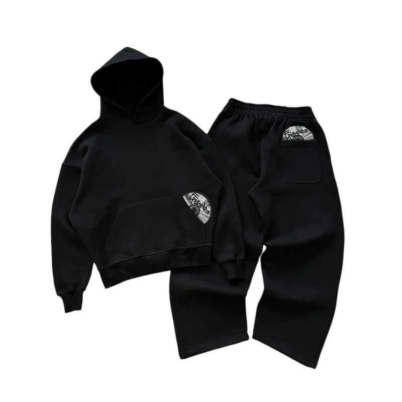 Spring New Street Trendy 3D Embroidered Pattern Hoodie Pants Set Y2K Solid Color Versatile Two Piece Set for Couples