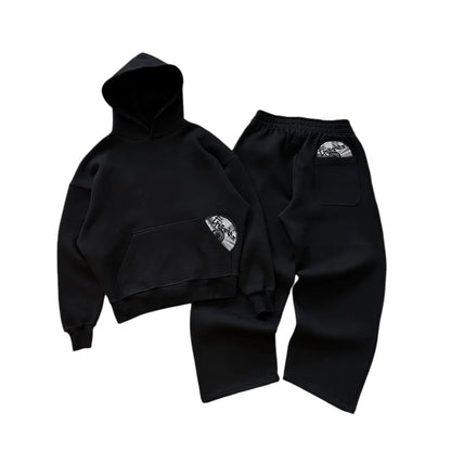 Spring New Street Trendy 3D Embroidered Pattern Hoodie Pants Set Y2K Solid Color Versatile Two Piece Set for Couples