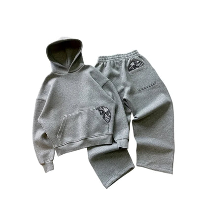 Spring New Street Trendy 3D Embroidered Pattern Hoodie Pants Set Y2K Solid Color Versatile Two Piece Set for Couples