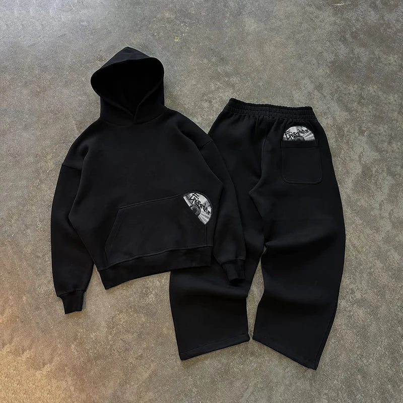 Spring New Street Trendy 3D Embroidered Pattern Hoodie Pants Set Y2K Solid Color Versatile Two Piece Set for Couples