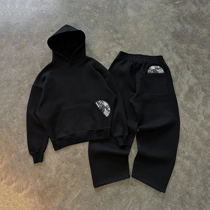 Spring New Street Trendy 3D Embroidered Pattern Hoodie Pants Set Y2K Solid Color Versatile Two Piece Set for Couples
