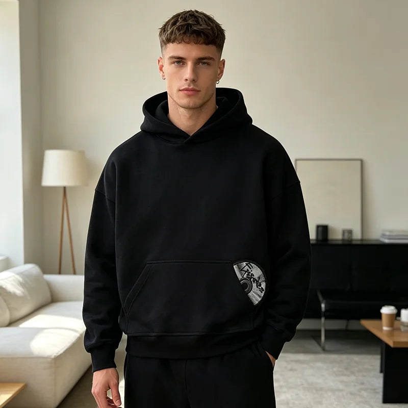 Spring New Street Trendy 3D Embroidered Pattern Hoodie Pants Set Y2K Solid Color Versatile Two Piece Set for Couples