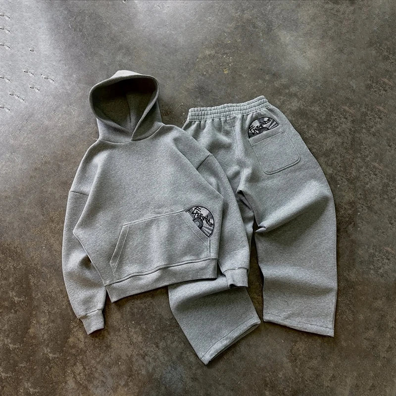 Spring New Street Trendy 3D Embroidered Pattern Hoodie Pants Set Y2K Solid Color Versatile Two Piece Set for Couples